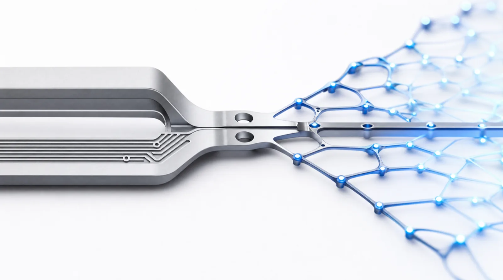 Two machined rails, one smooth and one etched with fine parallel channels, converging into a single spine that opens into a lattice of lit nodes.