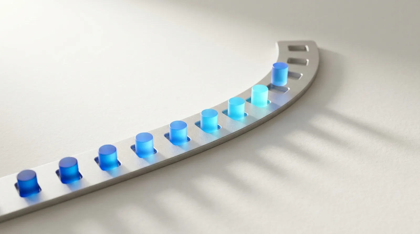 A curved track with milled seats, most holding a fitted marker and two near the end conspicuously empty.
