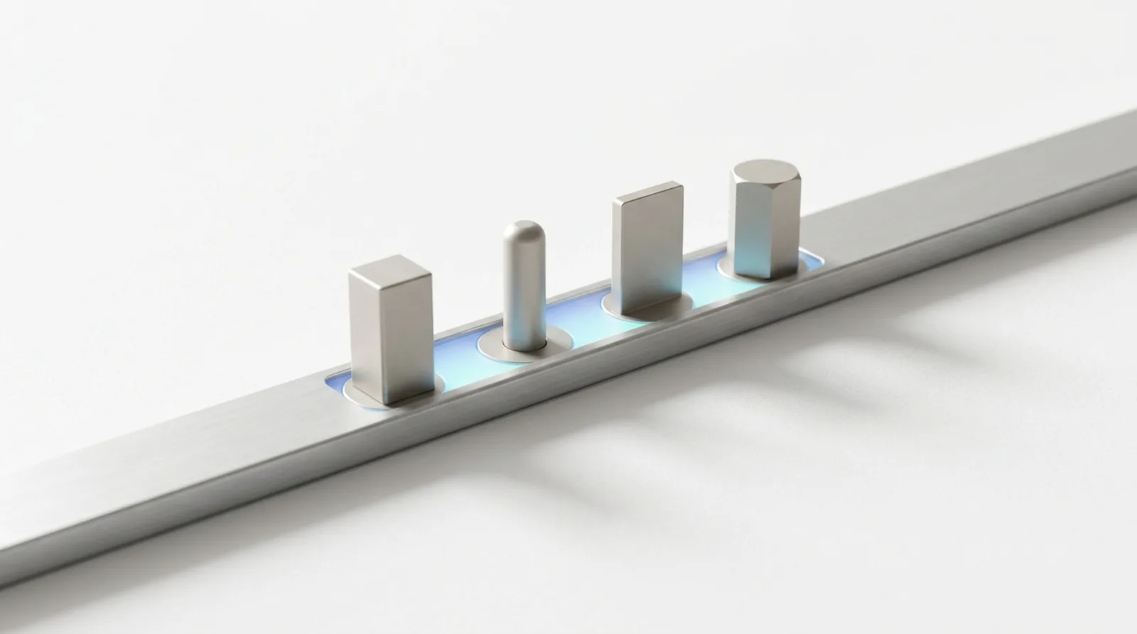 Four connectors of different shapes, each seated into its own correctly shaped socket in one continuous rail.