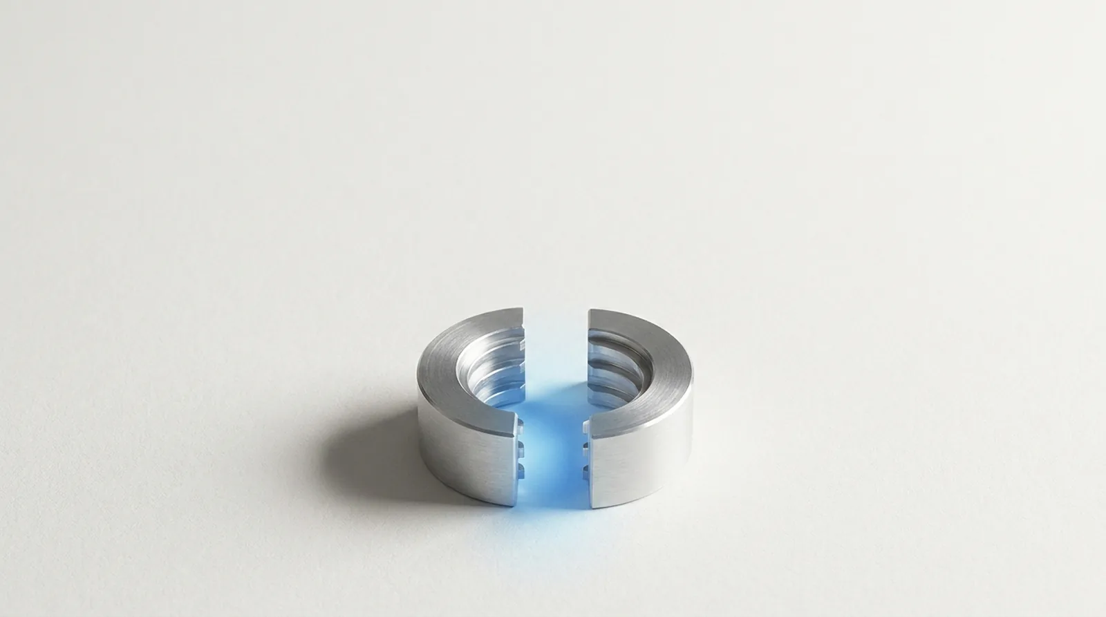 Two halves of a precision coupling resting apart, their mating faces exactly complementary.