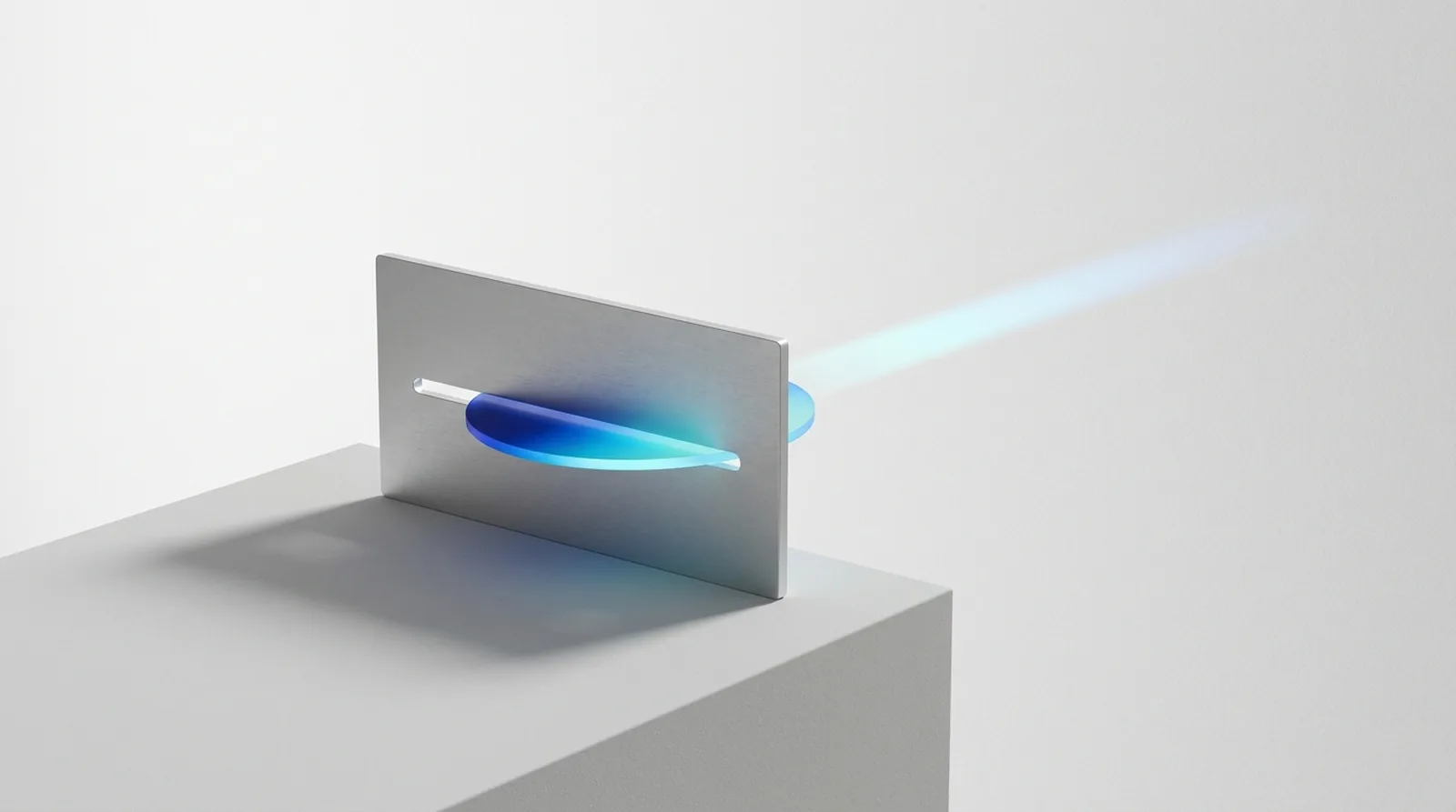 A disc of cool light passing edge-on through a thin milled aperture in an aluminium plate, shaped rather than blocked by it.