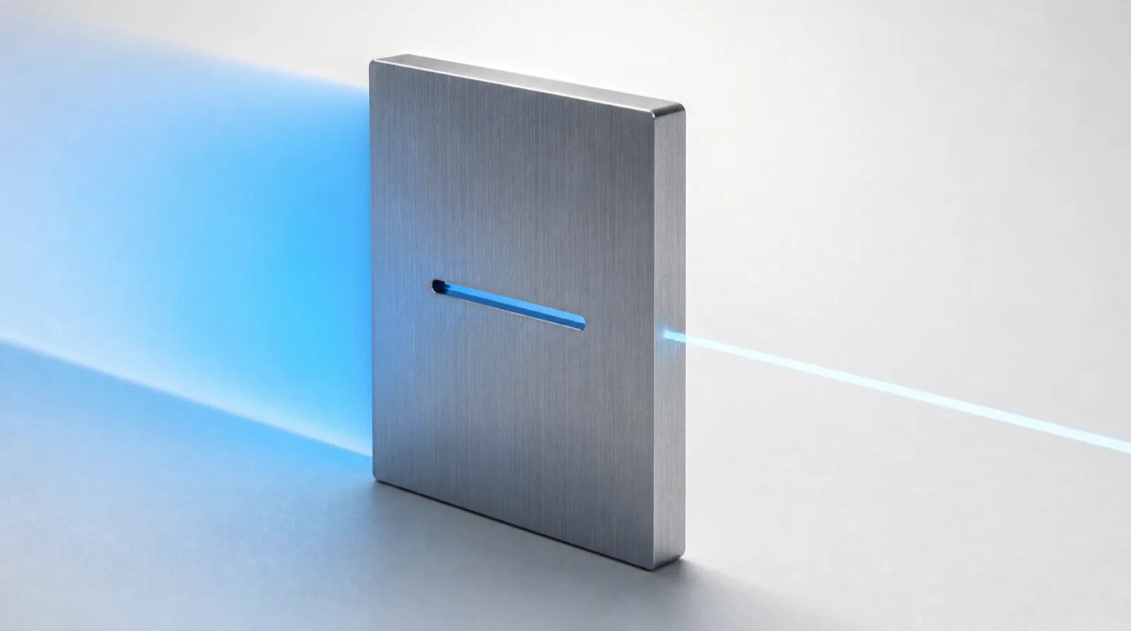 A broad sheet of cool blue light meeting one face of a milled aluminium plate and emerging from the other as a single narrow ribbon with hard edges.