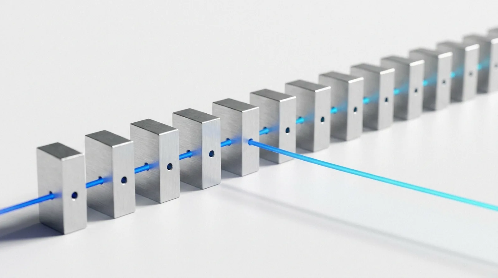 A row of identical machined blocks in strict order with one continuous thread of light passing through every one of them in sequence.