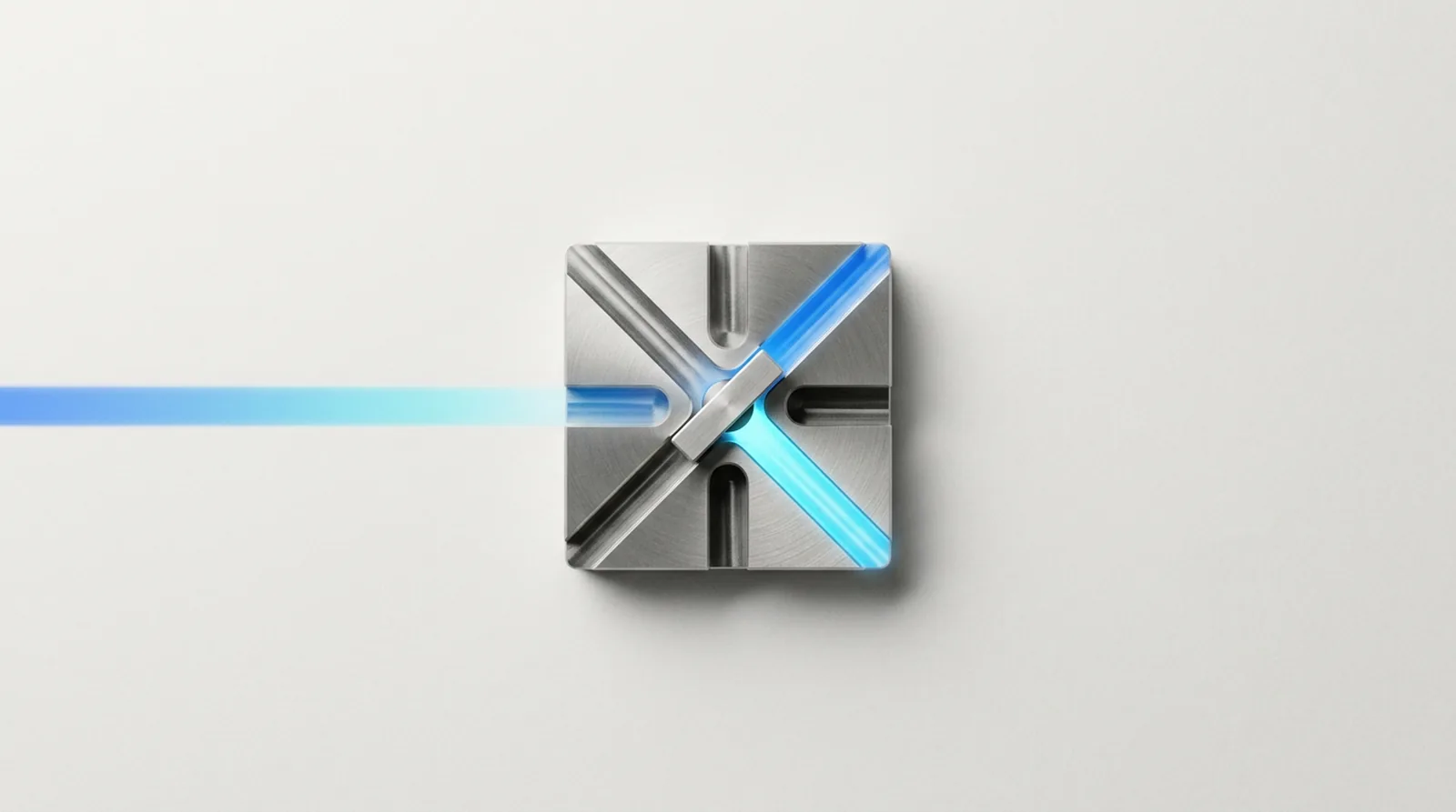 A machined gate where one arriving channel of light is routed by a tilted vane into exactly one of four outgoing channels; the other three are dark and empty.