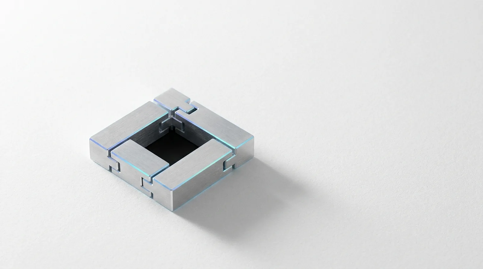 An assembly of interlocking machined components with one component absent, leaving an exact unfilled void.