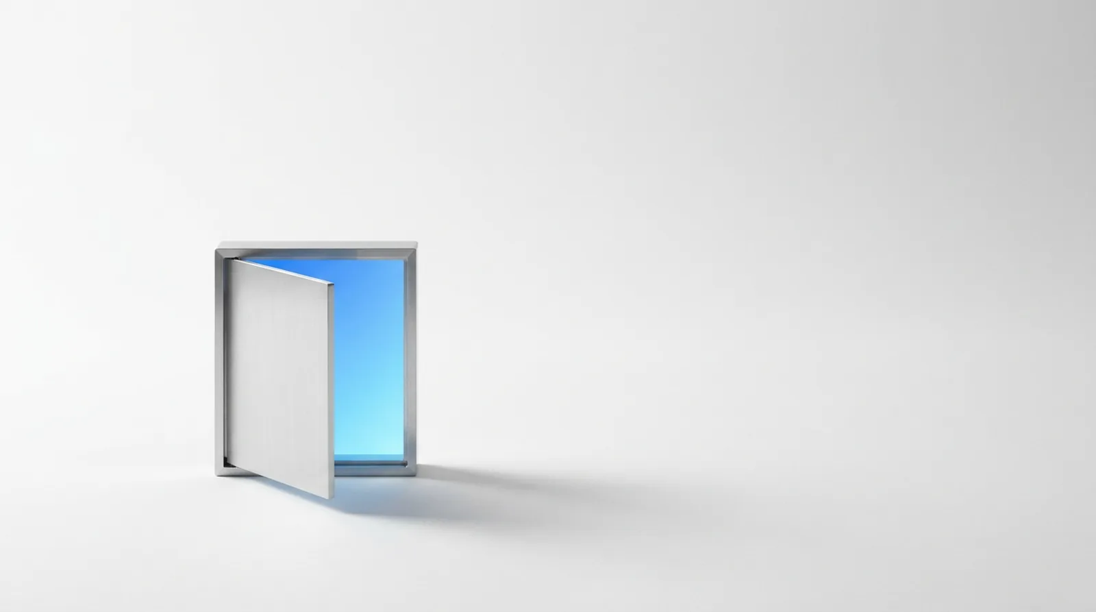A machined panel standing open on a single hinge, with no lock, latch or handle on either face.