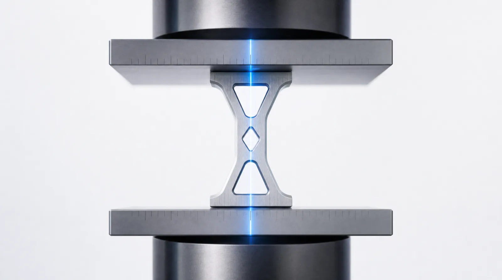 A milled aluminium bracket held under compression between the anvils of a testing press, edges still straight, a taut line of blue light running along its load axis.