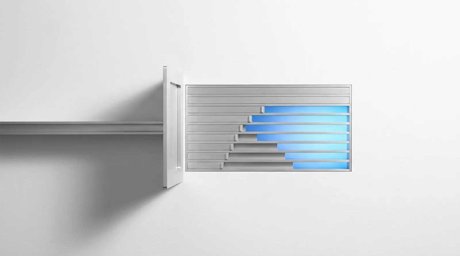 A single channel entering a milled aperture plate and leaving as parallel channels of different widths, several closed.