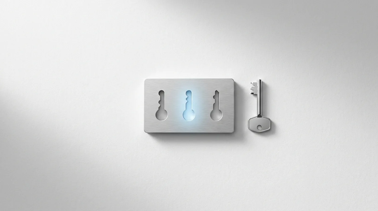A flat plate cut with three keyways of different profiles, one lit from beneath, with a single key beside it shaped to fit only that one.