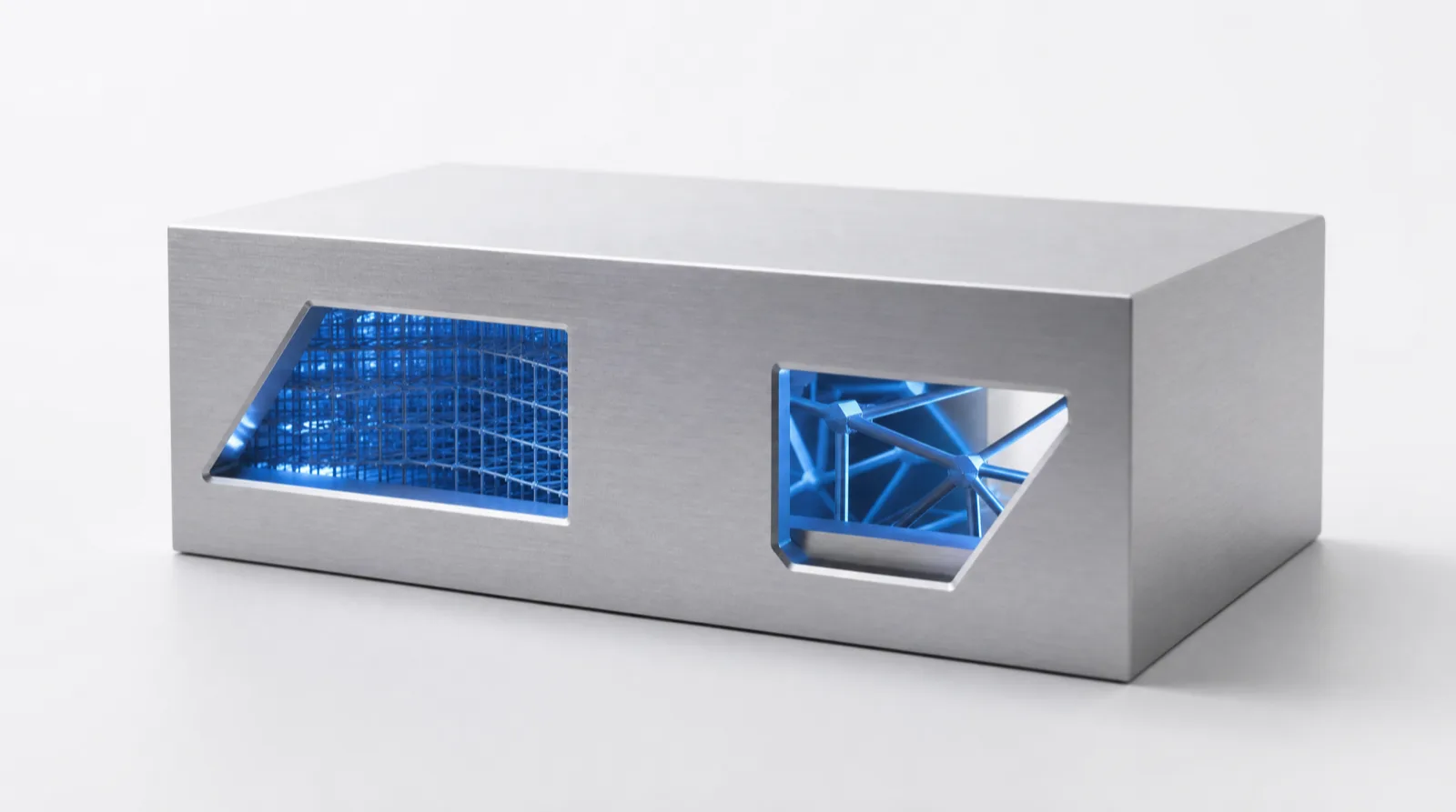 A solid machined block with two apertures cut at different angles, each framing a different part of the same blue lit structure inside it.